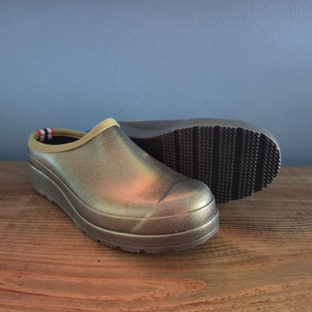 Hunter Womens Play Clog Gold Metallic Waterproof Slip On Platform Shoes Size 7